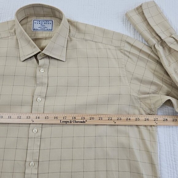 Charles Tyrwhitt French Cuff Shirt Men's 18/37 Tan Windowpane Classic Fit EUC - Picture 9 of 13